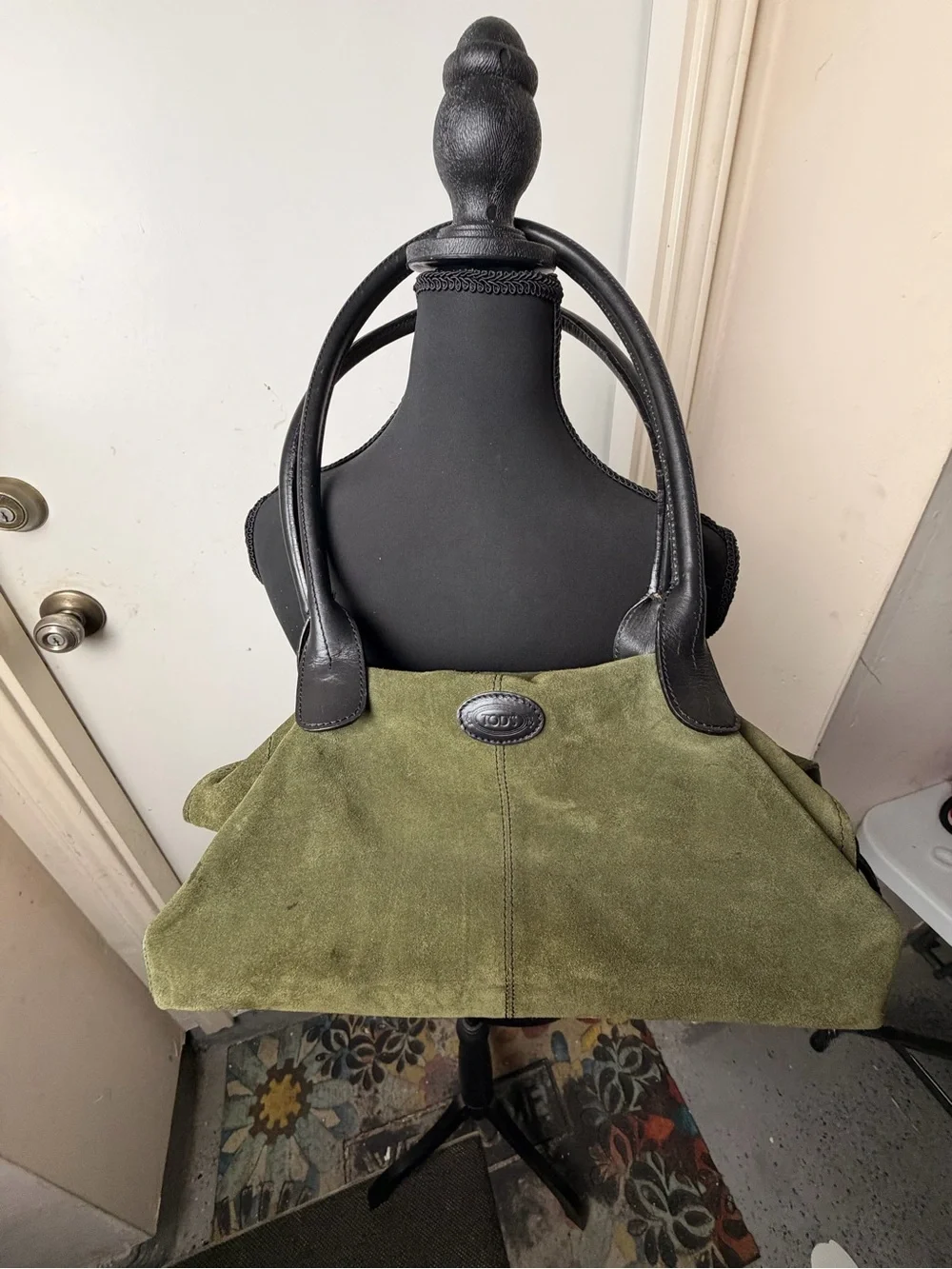 TOD’S Olive Green Suede Tote with Black Leather Handles
